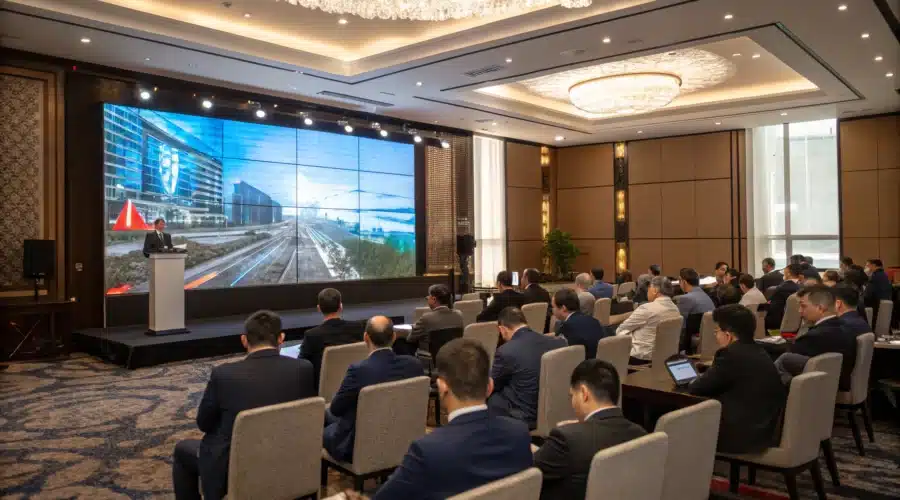 Une salle de séminaire d’entreprise avec un grand écran LED affichant des slides dynamiques, participants attentifs assis.